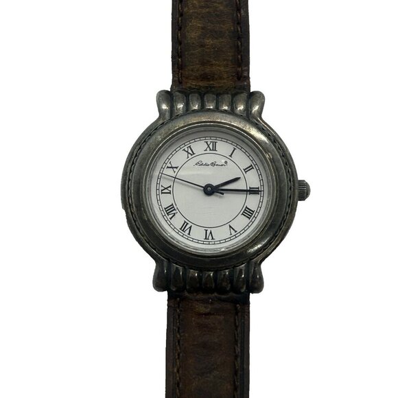 Vtg Eddie Bauer Bronze Silver Toned Date Watch 5ATM WR 42102 Brown Leather Band - Picture 1 of 7